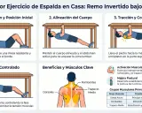 Ilustración de ejercicios de espalda en casa: remo invertido bajo mesa. Muestra preparación, alineación, tracción y descenso controlado.
