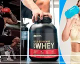 Hombres y mujeres consumiendo proteína antes o después de entrenar. Un hombre musculoso bebe de un shaker, un bote de proteína whey y una mujer bebe de un shaker azul.