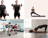 Hombres y mujeres entrenando para estar fuertes: levantando pesas, haciendo zancadas y ejercicios de equilibrio.