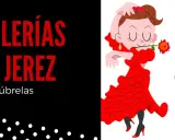 Ilustración de una bailaora flamenca con un vestido rojo y un guitarrista, con el texto "Bulerías de Jerez" y "Descúbrelas". ¡Perfecto para bulerías para bailar!