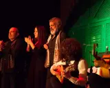 Artistas flamencos andaluces actuales en un escenario, con guitarras y palmas.