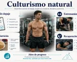 Hombre fitness natural con músculos definidos, rodeado de información sobre entrenamiento, nutrición y recuperación.