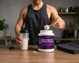 Hombre preparando batido de proteínas. El momento ideal para tomar proteínas es clave para tus objetivos.