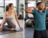 Mujer en yoga para movilidad articular piernas, hombre mostrando bíceps en gimnasio.