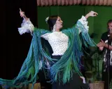 Bailarina de flamenco con mantón verde vibrante, sus movimientos evocan frases flamenco. Un hombre aplaude al fondo.