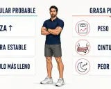 ¿Cómo saber si estoy ganando masa muscular o grasa? Señales: fuerza y músculo lleno vs. peso y cintura subiendo rápido.