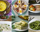Collage de seis platos: sopa de arroz, ensalada de judías, carne con verduras, pescado al horno, lasaña de calabacín y edamame. Ideas para recetas saludables.