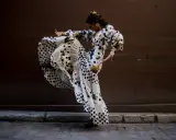 Bailarina de flamenco con vestido de lunares y volantes, capturando la esencia del flamenco origine en un movimiento apasionado.