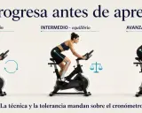 Mujer en bicicleta estática, mostrando progresión en tres niveles: inicial, intermedio y avanzado. Ejemplos de HIIT para mejorar resistencia.