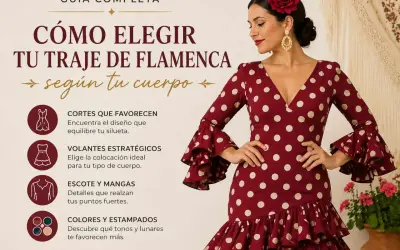 Guía para elegir tipos de trajes de flamenca según tu cuerpo: cortes, volantes, escote, mangas, colores y estampados.
