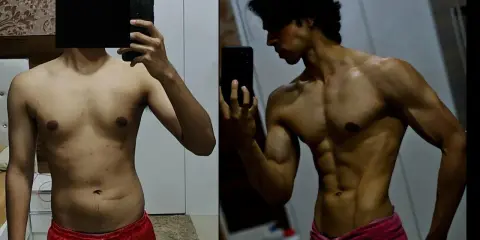 Transformación: antes, un cuerpo con poca definición; después, una impresionante recomposición corporal con músculos marcados.