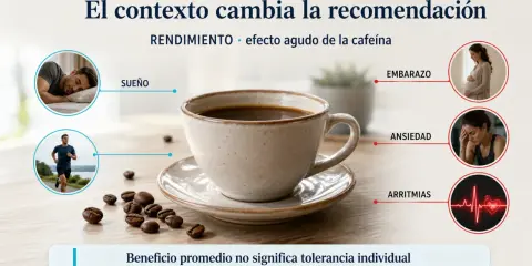 Taza de café junto a granos, con imágenes de un corredor, un hombre durmiendo y una mujer embarazada. El café antes de entrenar puede mejorar el rendimiento.