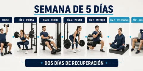 Rutina para perder peso: 5 días de entrenamiento (torso, pierna, torso, pierna, enfoque) y 2 días de recuperación activa y descanso.