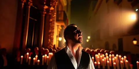 Un hombre canta flamenco con pasión, rodeado de velas y una multitud. La escena evoca la emoción del cante jondo.