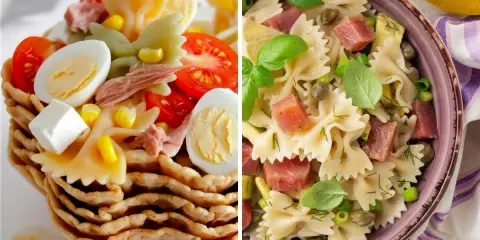Dos ensaladas de pasta saludable con farfalle, atún, huevo duro, tomate y maíz, una servida en cesta crujiente.