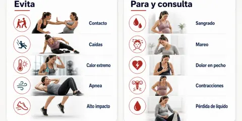 Guía de ejercicios para embarazadas: evita contacto, caídas, calor extremo, apnea y alto impacto. Consulta si hay sangrado, mareo, dolor de pecho, contracciones o pérdida de líquido.