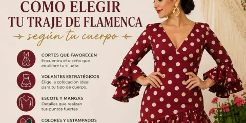 Guía para elegir tipos de trajes de flamenca según tu cuerpo: cortes, volantes, escote, mangas, colores y estampados.