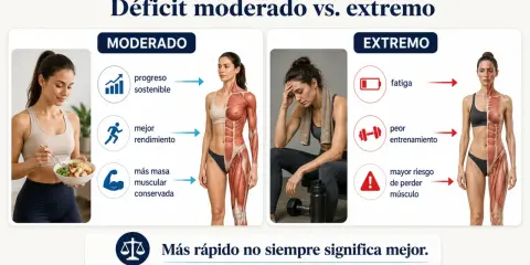 Comparación de cómo definir el cuerpo mujer: moderado (progreso sostenible, mejor rendimiento, más masa muscular) vs. extremo (fatiga, peor entrenamiento, riesgo de perder músculo).