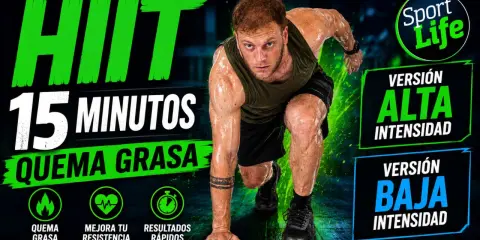 Hombre sudoroso en posición de carrera, listo para un circuito HIIT de 15 minutos. Promete quemar grasa y mejorar resistencia.