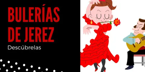Ilustración de una bailaora flamenca con un vestido rojo y un guitarrista, con el texto "Bulerías de Jerez" y "Descúbrelas". ¡Perfecto para bulerías para bailar!