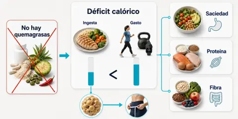 Ilustración sobre déficit calórico: menos ingesta que gasto, sin "quemagrasas", promoviendo saciedad, proteína y fibra para reducir grasa corporal.