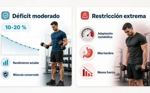 Comparativa: cómo hacer un déficit calórico moderado (10-20%) para rendimiento estable y músculo conservado, vs. restricción extrema con adaptación metabólica, más hambre y menos fuerza.