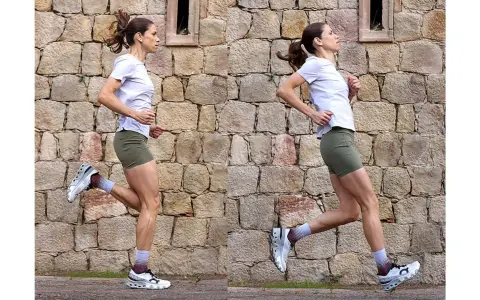 Mujer corriendo a toda velocidad contra un muro de piedra. Su cuerpo muestra la potencia y el dinamismo del correr.