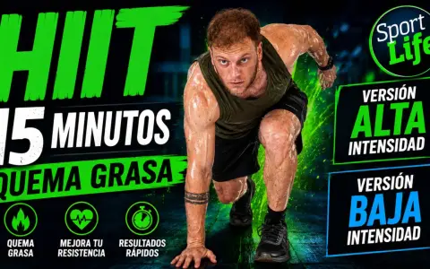 Hombre sudoroso en posición de carrera, listo para un entrenamiento de cardio hiit de 15 minutos. Quema grasa, mejora resistencia.