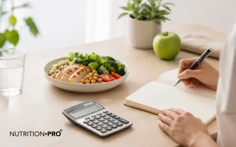 Calculadora y plato de comida saludable junto a una persona anotando en un cuaderno, para saber cuantas calorias necesito.