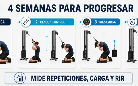 Progresión de 4 semanas para abdominales superiores con polea. Mejora técnica, rango, control, carga y consolida.
