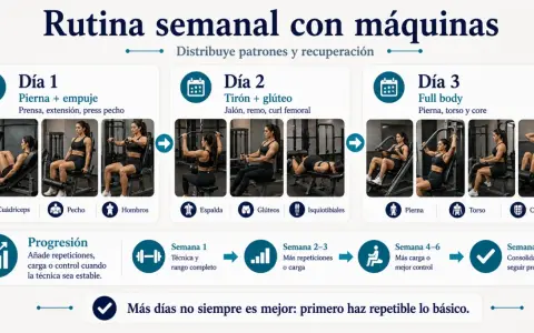Rutina semanal con máquinas: Día 1 (pierna/empuje), Día 2 (tirón/glúteo), Día 3 (full body). Una mujer realiza ejercicios de pesas.