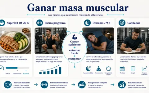 Claves para ganar masa muscular: superávit calórico, entrenamiento de fuerza, descanso y constancia.