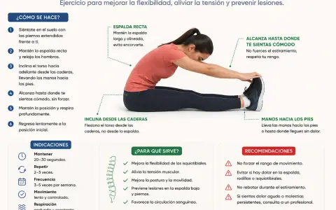 Mujer realizando estiramiento de espalda, tocando sus pies con las manos.