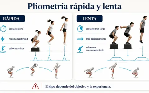 Demuestra la pliometría rápida y lenta, explicando para qué sirve la pliometría: mejorar contacto, reactividad y desplazamientos.
