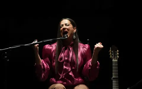 Cantante flamenco mujer, con el alma desbordada, canta apasionadamente frente al micrófono. A su lado, una guitarra espera.