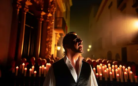 Un hombre canta flamenco con pasión, rodeado de velas y una multitud. La escena evoca la emoción del cante jondo.