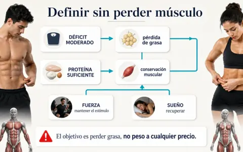 Hombre con cuerpo gym, diagrama sobre cómo definir músculo: déficit moderado, proteína, fuerza y sueño.