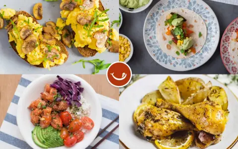 Cuatro opciones de menús diarios saludables: tostadas con huevo y champiñones, tacos, poke bowl y pollo asado con patatas y limón.