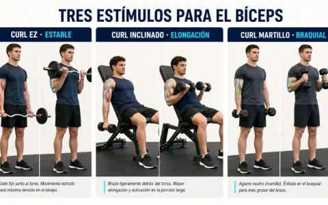 Hombre realizando curl con barra, curl inclinado y curl martillo para estimular el bíceps.