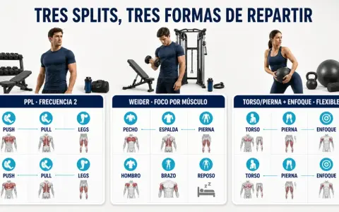 Infografía con tres rutinas de entrenamiento: PPL, Weider y Torso/Pierna. Ofrece consejos deportivos para optimizar tu rutina.