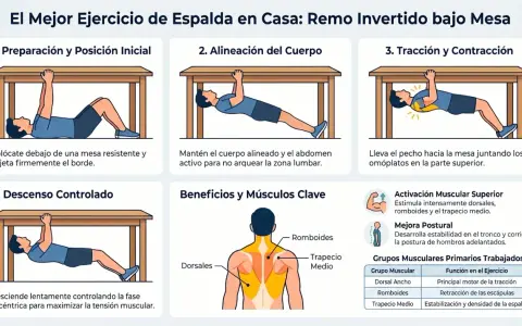 Ilustración de ejercicios de espalda en casa: remo invertido bajo mesa. Muestra preparación, alineación, tracción y descenso controlado.