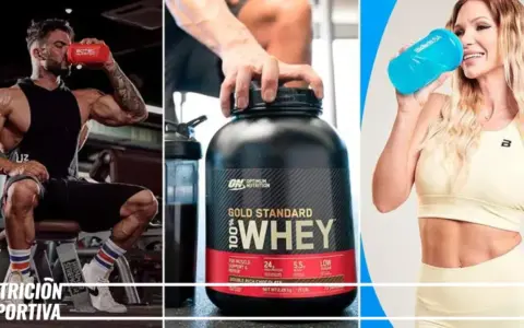 Hombres y mujeres consumiendo proteína antes o después de entrenar. Un hombre musculoso bebe de un shaker, un bote de proteína whey y una mujer bebe de un shaker azul.