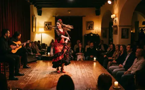 Una bailaora de flamenco en vivo, con un vestido rojo y negro, gira en un escenario de madera. Dos guitarristas la acompañan mientras el público observa.