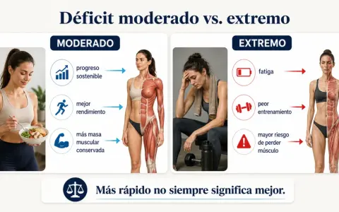 Comparación de cómo definir el cuerpo mujer: moderado (progreso sostenible, mejor rendimiento, más masa muscular) vs. extremo (fatiga, peor entrenamiento, riesgo de perder músculo).