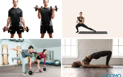 Hombres y mujeres entrenando para estar fuertes: levantando pesas, haciendo zancadas y ejercicios de equilibrio.