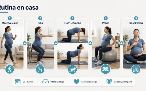 Rutina de entrenamiento para embarazadas en casa: marcha, sentadillas, gato-camello, pelvis y respiración.