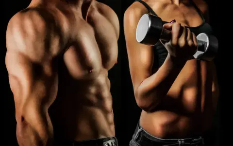 Torso masculino musculoso y mujer levantando pesa. Ilustra la diferencia entre tonificar y ganar masa muscular.