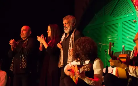Artistas flamencos andaluces actuales en un escenario, con guitarras y palmas.