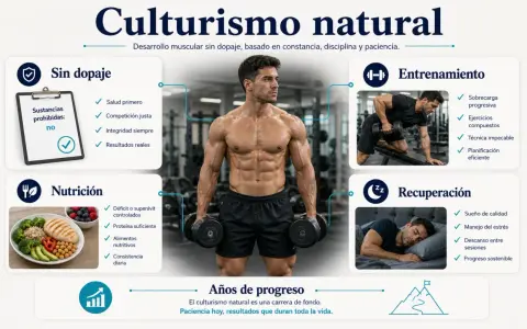 Hombre fitness natural con músculos definidos, rodeado de información sobre entrenamiento, nutrición y recuperación.