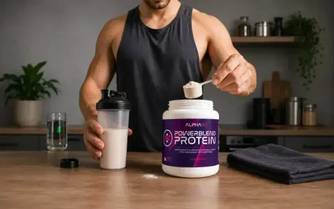 Hombre preparando batido de proteínas. El momento ideal para tomar proteínas es clave para tus objetivos.